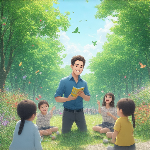 外籍老師與學生在公園內互動學習英語，探索義務的隱秘面紗，讓學習更加精彩，提升英語能力的教學場景。