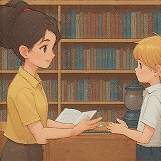 外籍英文老師與學生一對一互動，討論科學與科幻的奧秘，背景中展示科幻書籍和實驗器材，探索精彩的知識世界，啟發創意思維，提升英語能力。