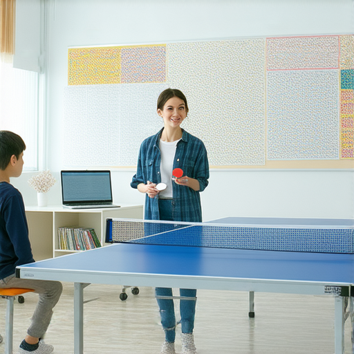 外籍老師一對一教學的場景，學生專注於學習英語樂理和乒乓球，提升英文能力。探索英文世界，報名參加課程，享受學習的樂趣。