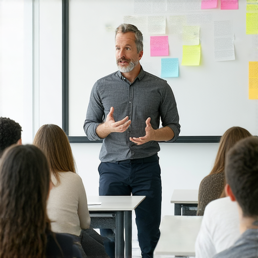 一位外籍老師正在指導學生進行英文會話，增強職場競爭力，專注於提升執行力的學習過程，背景為現代化的教室環境。