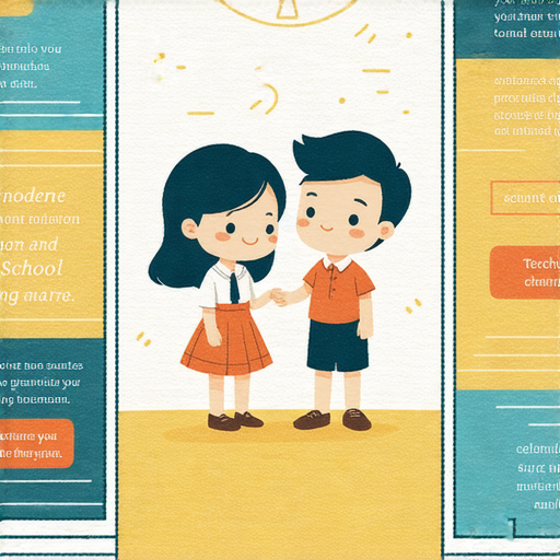 校園英語學習場景，外籍老師與學生一對一互動，專注於校徽、校慶用語，展現學習氛圍，啟動英語學習之旅。