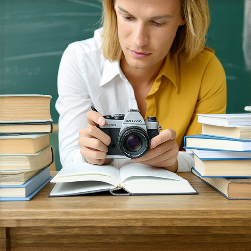 外籍老師一對一教學場景，學生專注學習英文，桌上有相機與教材，展現探索拍攝與學英文的樂趣，提升英文能力的畫面。