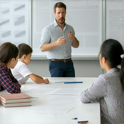 外籍老師在教學環境中進行工業設計課程，學生們專注於學習流利英語，桌上散落著教材與設計工具，背景展示工業設計作品，展現學習的熱情和互動。
