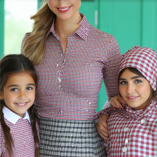 探索格仔魅力的圖片，展示外籍老師與學生互動的學習場景，學生穿著時尚的格仔服飾，體驗學英文的樂趣與時尚風格，促進語言學習和時尚搭配的完美結合。