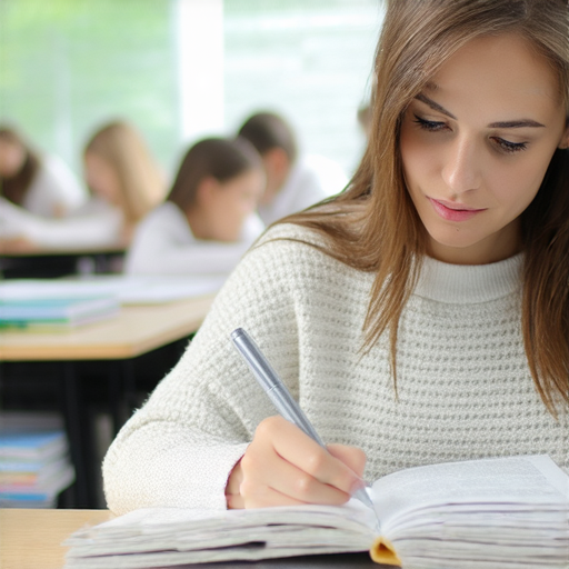 一名學生在上外籍老師的英語課程，專注於掌握報稅和報紙的英文，提升英語能力，背景有學習資源和筆記本。