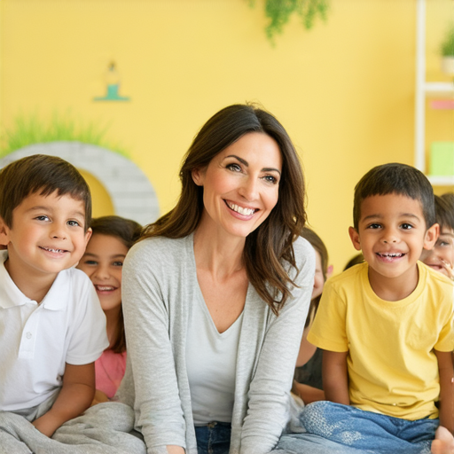 用外籍英文老師學習英語的學生在和老師互動，教室環境輕鬆愉快，學生笑容滿面，背景有拱橋瑜伽相關裝飾，用心體驗讓學習如拱橋瑜伽般輕鬆。