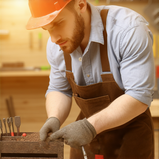 一位工匠正在使用工具，展示工傷防護知識，旁邊的工具箱內各種工具整齊擺放，畫面強調工傷預防及工具的運用，鼓勵學習英語的外籍老師指導學生。