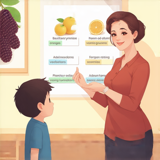 了解桑椹與桔的英文教學場景，外籍老師與學生一對一互動，專注於語言學習與交流，提升英語能力，探索桑椹與桔的相關詞彙，促進文化知識的傳遞。