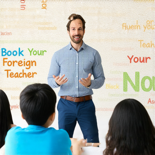 掌握英語關鍵詞的宣傳圖片，展示一位外籍老師在教學，學生專心聆聽，背景文字提到立即預約外籍老師，打造流利英語的學習目標。