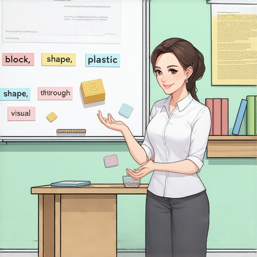 破解英文迷思的圖片，展示外籍老師與學生一對一互動，教授堵塞、塑形與塑料等用法，讓學習變得生動有趣，有效提升英語能力。