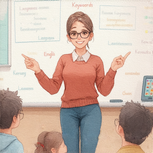 一位外籍老師與學生互動，專注教學英語關鍵詞，學生精神集中，背景展示遊戲和生活場景，展現學習的樂趣和應用，強調指尖的力量。