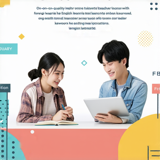 外籍英文老師一對一教學的宣傳圖片，強調二月關鍵字及報名資訊，激勵學生開啟英文學習新旅程，背景展示學生與老師互動的場景，表達學習的樂趣和成效。