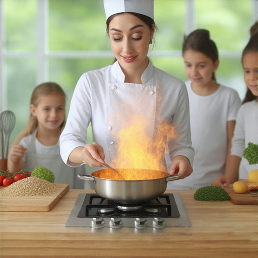 探索煮食爐的不同功能及熄火技巧，外籍老師帶你輕鬆學習英文煮食術，圖片展示老師教學過程，學生專注聆聽，互動學習氛圍濃厚。
