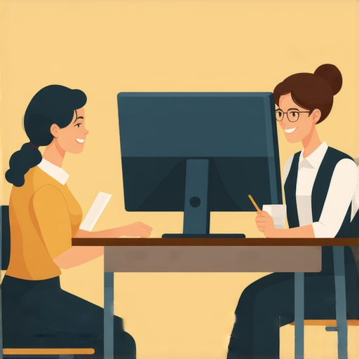 互動式英文學習場景，一位外籍老師正在與學員進行一對一教學，教室內有講義和桌面電腦，學員專注地參與討論，開啟自己的英文之旅，促進語言能力提升。