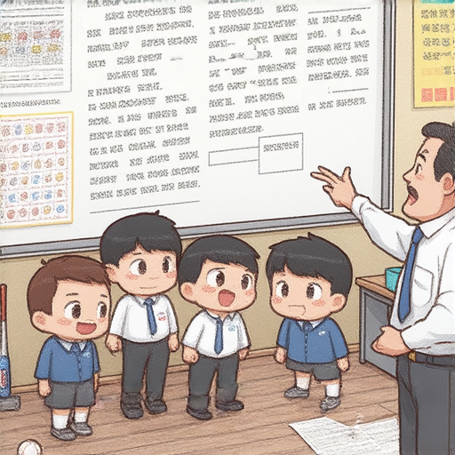 掌握棒球英文術語的外籍老師在教學生如何克服語言障礙，學生們聚精會神學習，場景中展示教材與棒球元素，增強學習的趣味性。