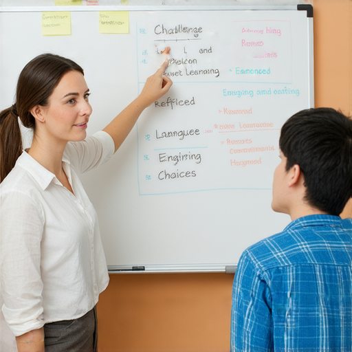 外籍英文老師一對一教學場景，老師與學生深入討論英語技巧，強調挑戰與精緻選擇的教學理念，鼓勵學生探索語言潛能。