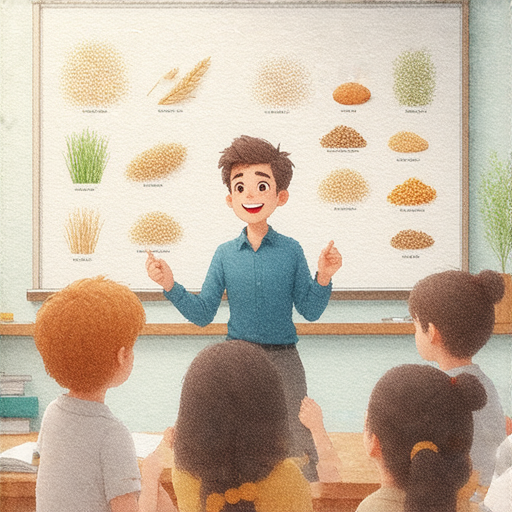 外籍老師教授五谷雜糧與五金鋪的英文，學員積極參與互動，學習流利溝通技巧，背景展示各種雜糧和工具，適合想提升英語能力的人士，立即報名學習。