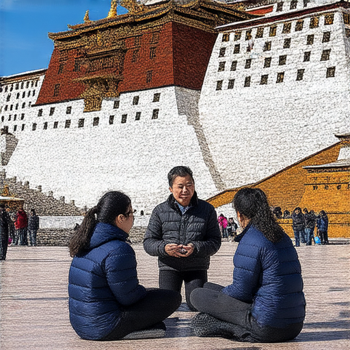 探索布達拉宮的魅力，外籍英文教師與學生互動教學，提升流利對話能力，背景是布達拉宮壯麗的景色，展現文化與學習的完美結合。