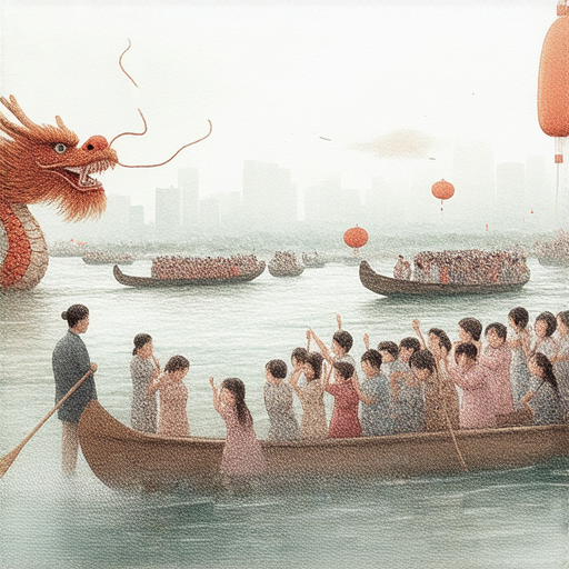 端午節慶祝活動中，外籍老師引導學生探索傳統文化，學習英文，提升語言能力與競爭力，背景有龍舟賽及粽子，展現豐富多元的文化體驗。