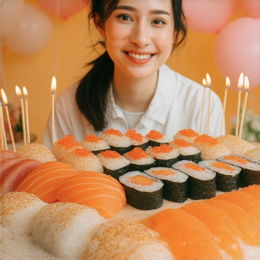 壽宴、壽星和壽司的英文學習圖片，外籍老師帶領學生輕鬆掌握相關詞彙，展示多款美味壽司，代表慶祝壽宴的氛圍。