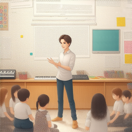 外籍老師在課堂上指導學生用英文表達音樂與創意的情境，學生們專注學習，享受探索英語的樂趣，展現音樂與創意的結合。