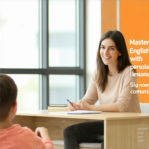 擺脫掙扎，學會掛勾英文的宣傳圖，展現外籍老師一對一教學場景，學員與老師互動，學習英語，讓你的英語更流利，立即報名。