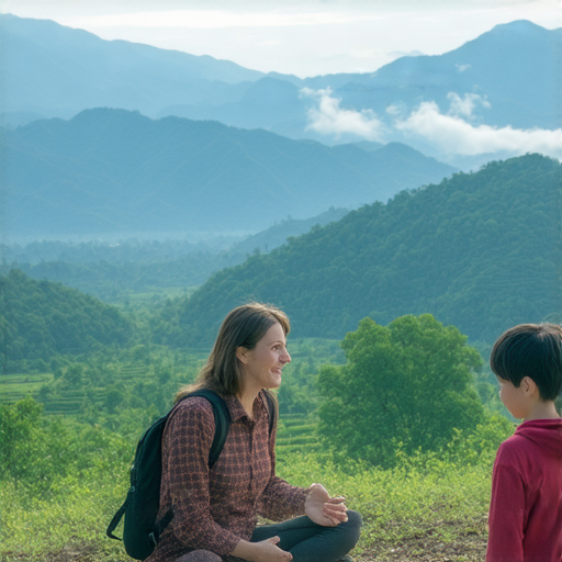 享受大自然與旅程的場景，外籍老師指導學生進行一對一英文教學，背景有壯麗山景和綠意盎然的環境，讓學生沉浸於學習及探索英語的美好體驗。