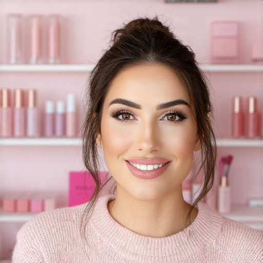 化妝英文學習課程，學生與外籍老師一對一互動，探索化妝品和化學相關詞彙，提升化妝技術與語言能力，背景展示各類化妝品，環境輕鬆活潑。