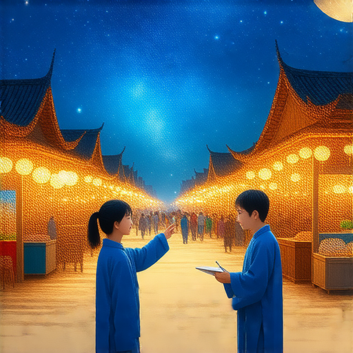 外籍老師與學生一對一教學，主題為探索夜晚的奧秘，學習夜市、夜校與夜景英文，背景為熱鬧的夜市景象。