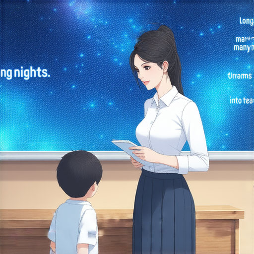 外籍老師在教室內輔導學生一對一英語學習，學生專心聆聽，背景展示夢想相關的圖案，體現「夜長夢多，讓夢想變成現實」的主題。