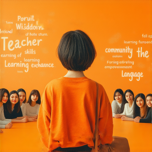 探索橙色魅力的圖片，展示外籍英文老師分享語言學習智慧的場景，啟發學習者踏上英語之旅，激勵學生提升語言能力及文化交流。