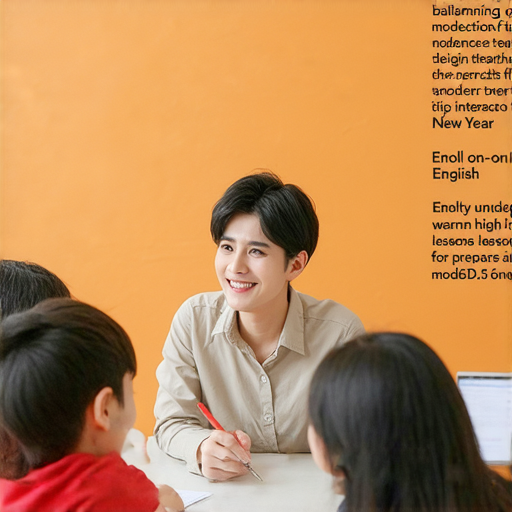 年初一到年宵的英文秘訣課程宣傳圖片，展示外籍老師教學情境，學生積極參與，文字標題強調報名一對一課程學習英文，助你迎接英語新年。