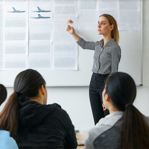 外籍英文老師在教室中與學生進行一對一教學，專注於機場與機器相關的關鍵詞，幫助學生流利溝通，提升英文能力。