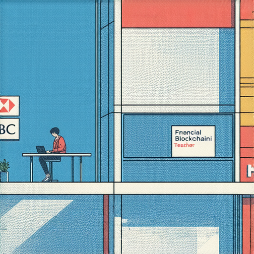 匯豐銀行機構大樓前景，象徵金融穩定，背景中顯示醫學、區塊鏈技術和外籍英文老師一對一教學的元素，展現創新教育與科技融合的理念。