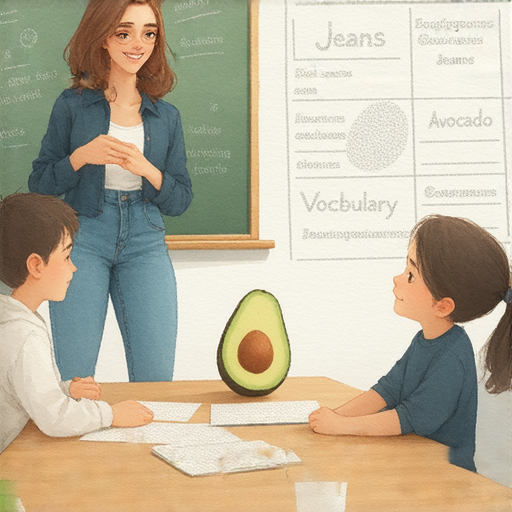 學習牛仔褲和牛油果的英文，外籍老師一對一教學。圖片展示學員與老師互動，輕鬆掌握語言技能，註冊立即開始學習的誘人過程。