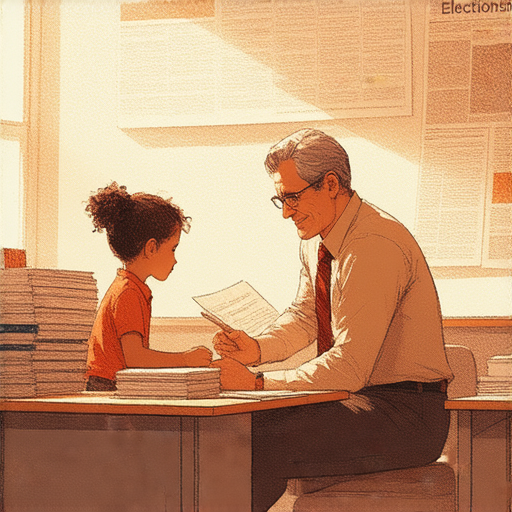 探索區域選舉背後故事的圖像，展示外籍英文教師一對一輔導的場景，學生專注學習英文關鍵，提升選舉相關知識及語言能力，立即體驗這個獨特的學習機會。