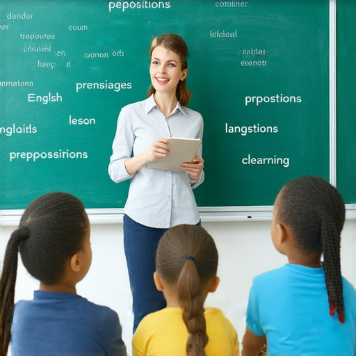 外籍老師與學生互動，講解英語介詞和介紹技巧，黑板上寫著相關英語詞彙，學生專注地聆聽，學習今天的英語技巧，讓語言學習更有效。