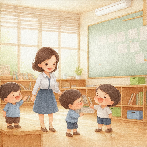 幼稚園英文學習場景，外籍老師一對一輔導小朋友，孩子們專注學習，互動熱烈，環境明亮，教具豐富，體驗英語學習的樂趣，提升語言能力，探索全新世界。