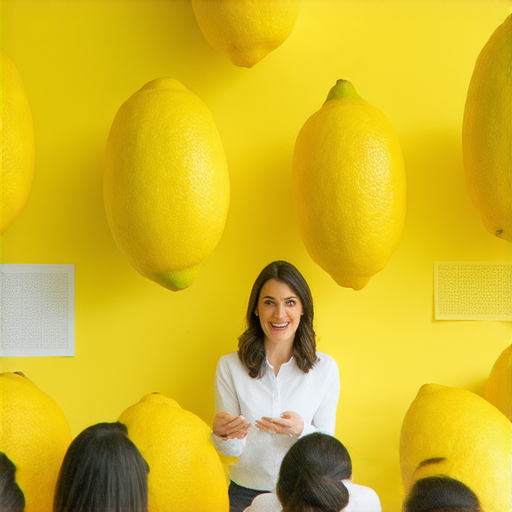 外籍老師與學生一起探索檸檬的多元魅力，討論檸檬在英語中的表達及文化意涵，背景有鮮豔的檸檬和教學資源，營造互動學習的氛圍。