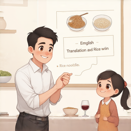 圖片展示外籍英文老師與學生進行一對一教學，教學主題為米粉和米酒的英文翻譯，突出互動學習的氛圍，吸引學生了解更多語言學習機會。