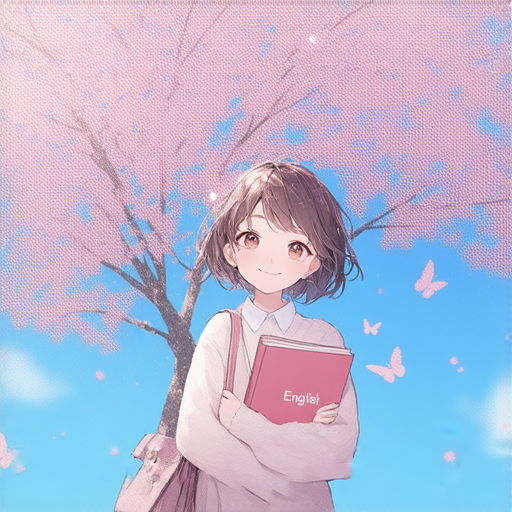 櫻桃小丸子與櫻花樹的插圖，展現學習英文的樂趣，鼓勵探索外籍老師的一對一課程，提升語言能力，讓學習變得生動有趣。