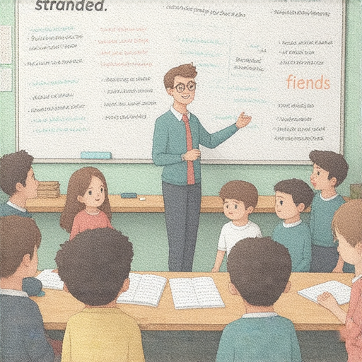 解密日常英語的圖片，展示外籍老師與學生互動學習，涵蓋“搁浅”到“損友”等關鍵詞，強調流利掌握英語的重要性。立即探索學習機會。