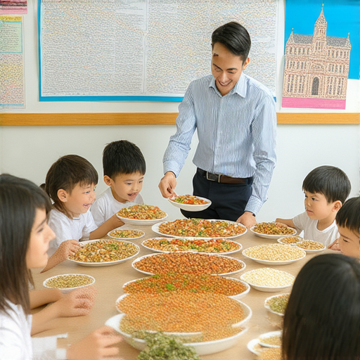 探索英文新境界 的圖片，展示外籍老師與學生互動，教學內容包括 午餐豐盛 等關鍵詞，提升英文會話能力 的光景，適合學習者參加課程。