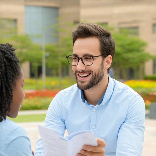 一名外籍老師與學生進行一對一的專業英文教學，背景為大廈和大專校園，強調學習語言的重要性與實踐環境，幫助學員突破語言關卡。