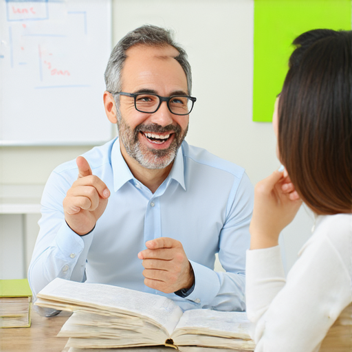 外籍老師一對一教學場景，學生與老師互動，提升英語口語能力，專注於自然對話和發音技巧，適合想掌握大約英語表達的學習者。