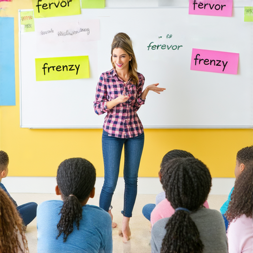 線上外籍英文老師在課堂上介紹狂熱與狂躁的字彙，背景是教學過程中的互動情境，學生專注聆聽，展示學習激情與活力。