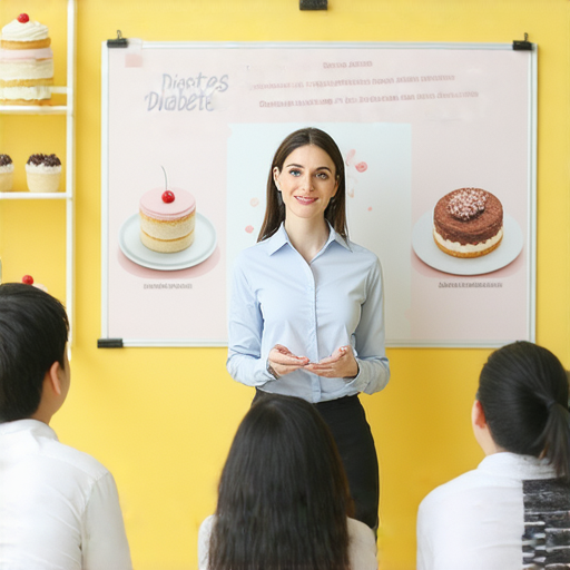 外籍老師教授學生關於糖尿病的課程，學習如何用英文表達健康知識，背景中有甜點圖片，吸引學員立即報名參加這堂精彩的課程。