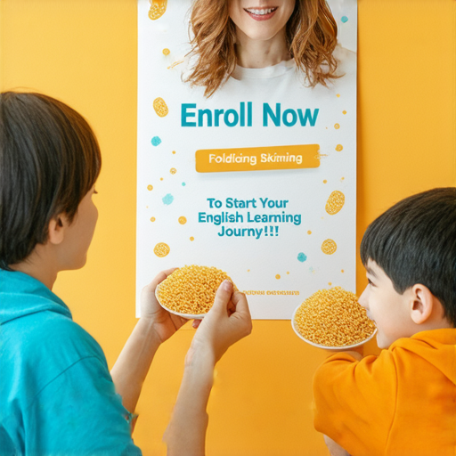 外籍英文老師與學生一對一教學場景，學生專注學習摺疊、撇除與撈麵技巧，海報上強調立即報名，開啟英文學習之旅，展示學習氛圍與互動的樂趣。