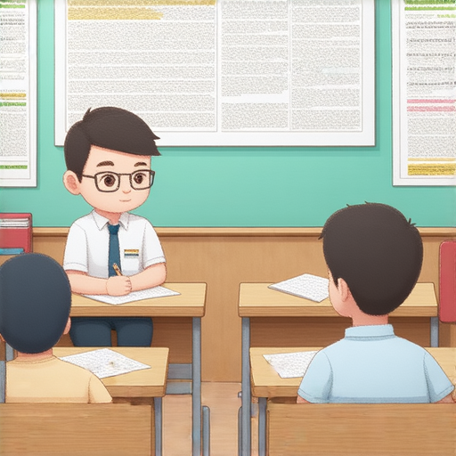 一位專注的學生正在與外籍老師進行一對一的英文教學，課堂內容涉及步槍、武俠和募款術，背景中有學習材料與工具，展現探索英文新武器的概念。