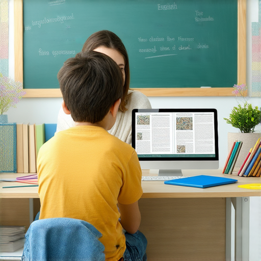 一對一外籍教師輔導英文學習的場景，學生與外籍教師進行互動，探索英文學習奧秘，提升語言能力的緊密合作，展示有效的英文伴奏與伴侶學習方式。